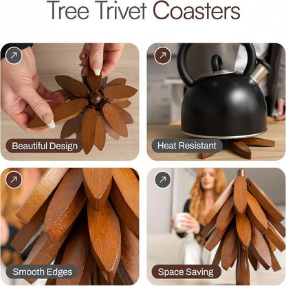 Natural Tree Trivet Set 4 Wooden Trivets & 1 Stand Heat Resistant Foldable Design Durable & High Quality Solid Wood Ideal for Hot Dishes, Pots, Bowls, Teapots Kitchenware & Tableware Coasters