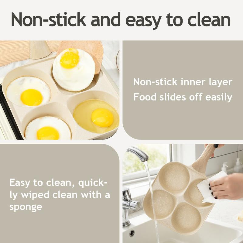 Non-Stick Egg Frying Pan, 4 Hole Skillet with Handle, Cooking Accessories, Breakfast Egg Toast Bread Food, Non Stick Cookingware, Kitchen Gadgets Granite Surface, Easy Clean, Works on Gas Stove & Induction. Versatile Kitchen Cookware for Home Chefs!
