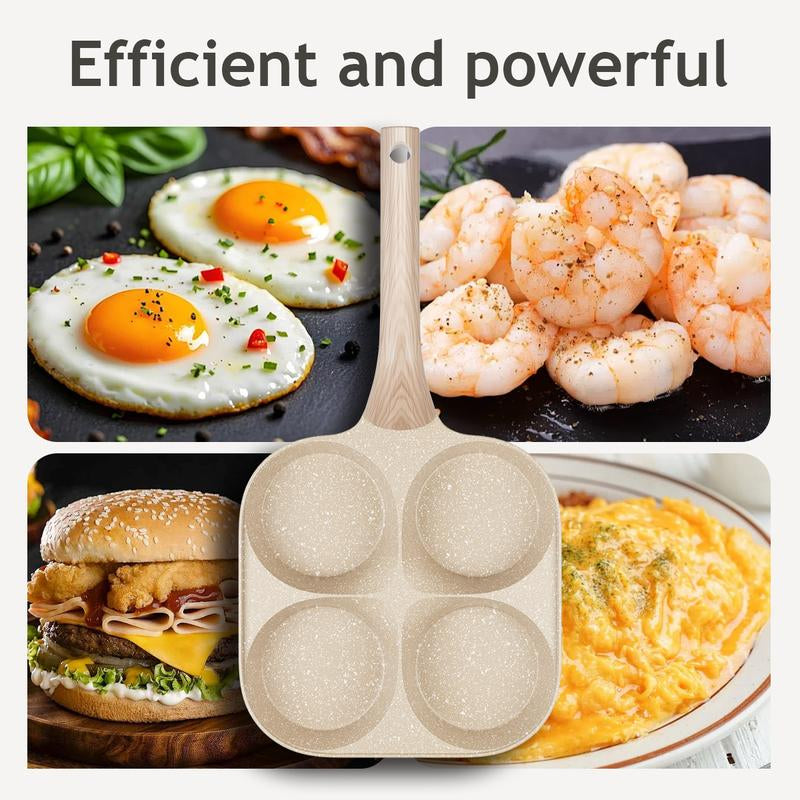 Non-Stick Egg Frying Pan, 4 Hole Skillet with Handle, Cooking Accessories, Breakfast Egg Toast Bread Food, Non Stick Cookingware, Kitchen Gadgets Granite Surface, Easy Clean, Works on Gas Stove & Induction. Versatile Kitchen Cookware for Home Chefs!