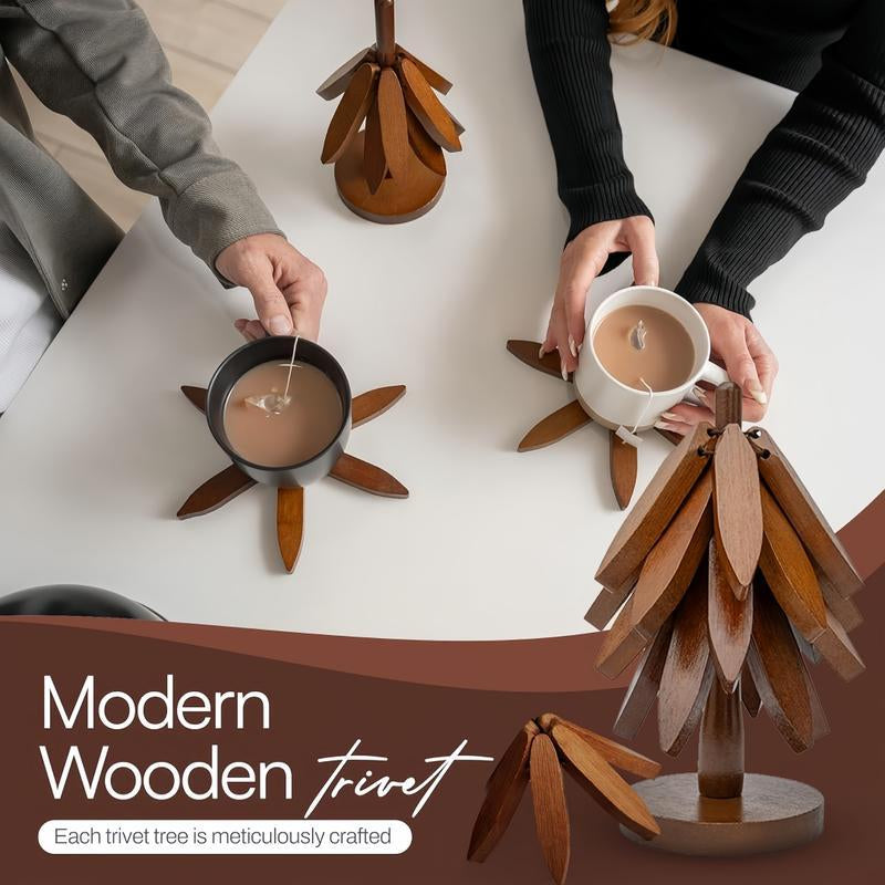 Natural Tree Trivet Set 4 Wooden Trivets & 1 Stand Heat Resistant Foldable Design Durable & High Quality Solid Wood Ideal for Hot Dishes, Pots, Bowls, Teapots Kitchenware & Tableware Coasters