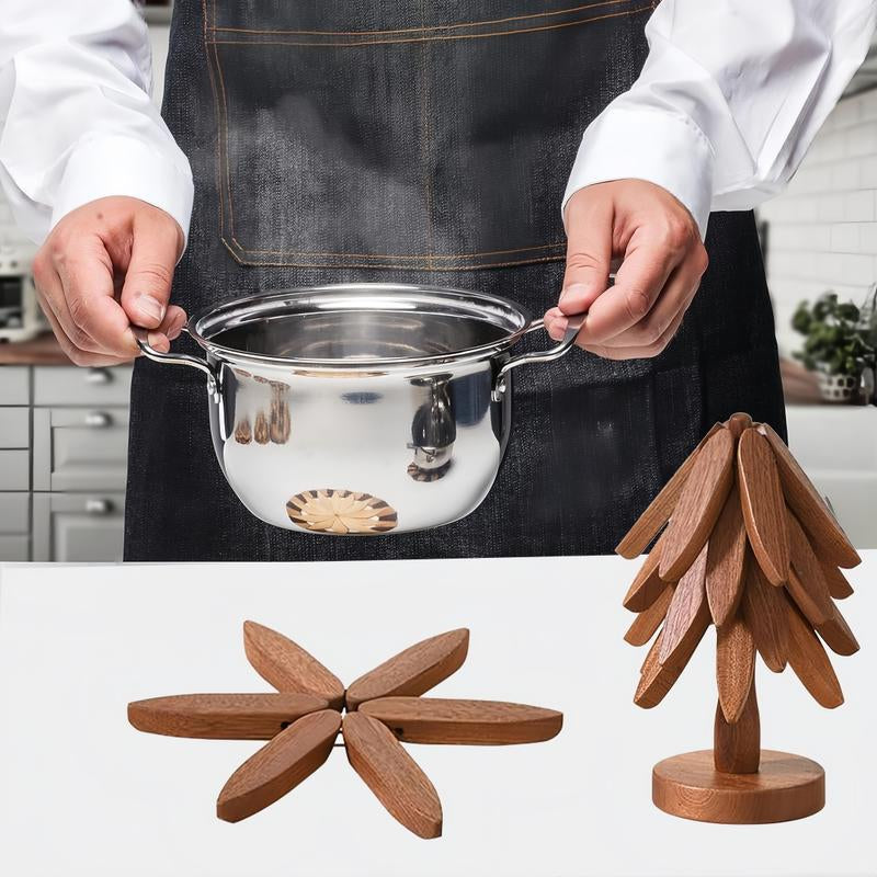 Natural Tree Trivet Set 4 Wooden Trivets & 1 Stand Heat Resistant Foldable Design Durable & High Quality Solid Wood Ideal for Hot Dishes, Pots, Bowls, Teapots Kitchenware & Tableware Coasters