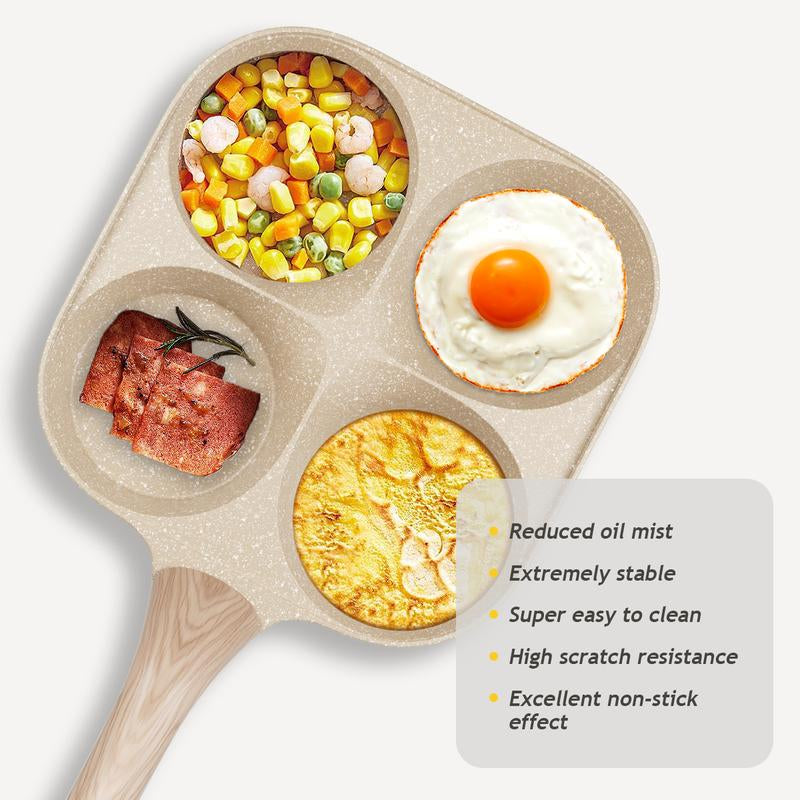 Non-Stick Egg Frying Pan, 4 Hole Skillet with Handle, Cooking Accessories, Breakfast Egg Toast Bread Food, Non Stick Cookingware, Kitchen Gadgets Granite Surface, Easy Clean, Works on Gas Stove & Induction. Versatile Kitchen Cookware for Home Chefs!