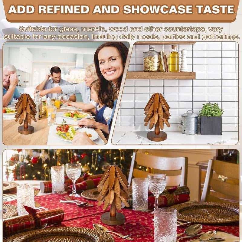 Natural Tree Trivet Set 4 Wooden Trivets & 1 Stand Heat Resistant Foldable Design Durable & High Quality Solid Wood Ideal for Hot Dishes, Pots, Bowls, Teapots Kitchenware & Tableware Coasters