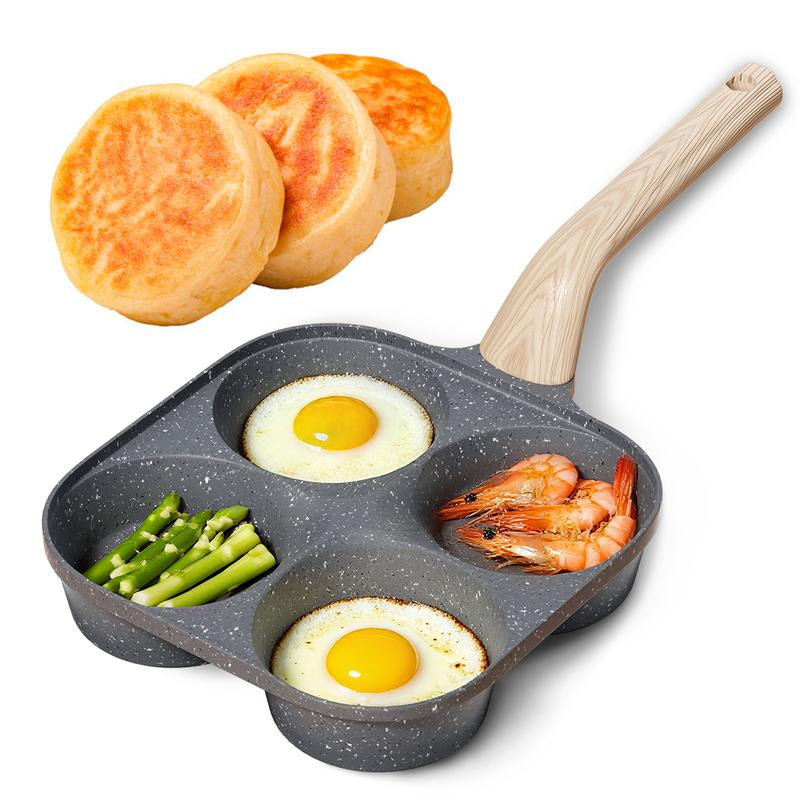 Non-Stick Egg Frying Pan, 4 Hole Skillet with Handle, Cooking Accessories, Breakfast Egg Toast Bread Food, Non Stick Cookingware, Kitchen Gadgets Granite Surface, Easy Clean, Works on Gas Stove & Induction. Versatile Kitchen Cookware for Home Chefs!