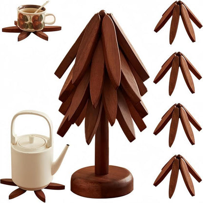 Natural Tree Trivet Set 4 Wooden Trivets & 1 Stand Heat Resistant Foldable Design Durable & High Quality Solid Wood Ideal for Hot Dishes, Pots, Bowls, Teapots Kitchenware & Tableware Coasters