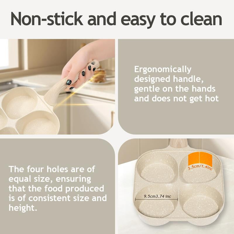 Non-Stick Egg Frying Pan, 4 Hole Skillet with Handle, Cooking Accessories, Breakfast Egg Toast Bread Food, Non Stick Cookingware, Kitchen Gadgets Granite Surface, Easy Clean, Works on Gas Stove & Induction. Versatile Kitchen Cookware for Home Chefs!