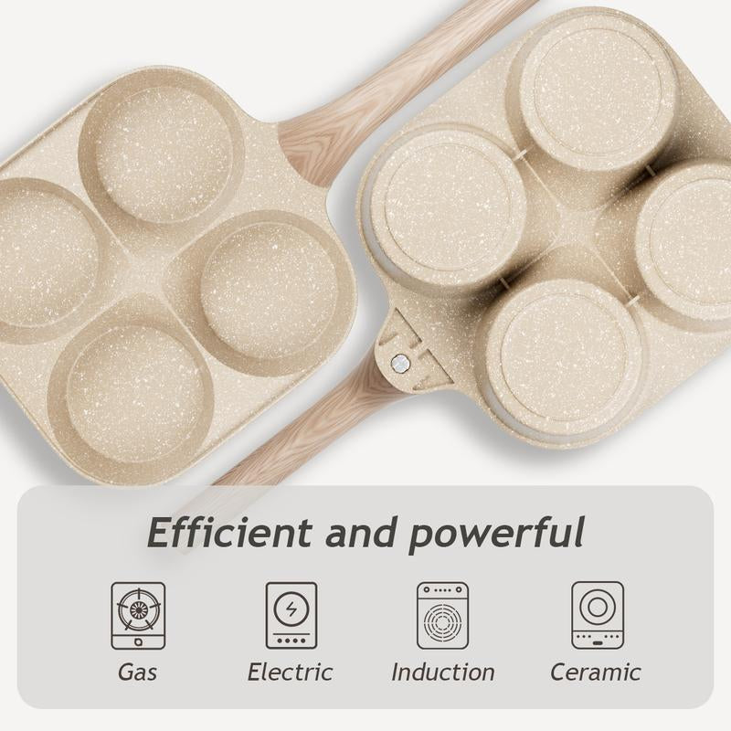 Non-Stick Egg Frying Pan, 4 Hole Skillet with Handle, Cooking Accessories, Breakfast Egg Toast Bread Food, Non Stick Cookingware, Kitchen Gadgets Granite Surface, Easy Clean, Works on Gas Stove & Induction. Versatile Kitchen Cookware for Home Chefs!