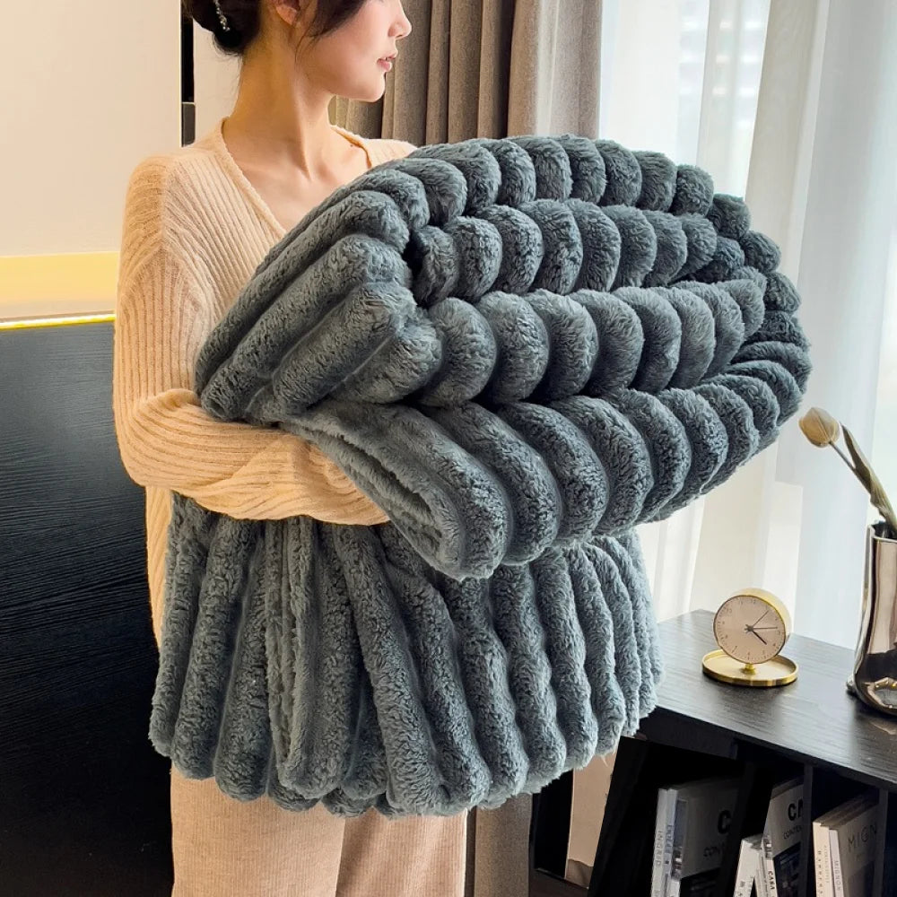 1Pc Throw Blanket for Bed - 250GSM Soft & Warm Fluffy Blanket, Decorative Striped Blankets for Winter Nap / Sleep