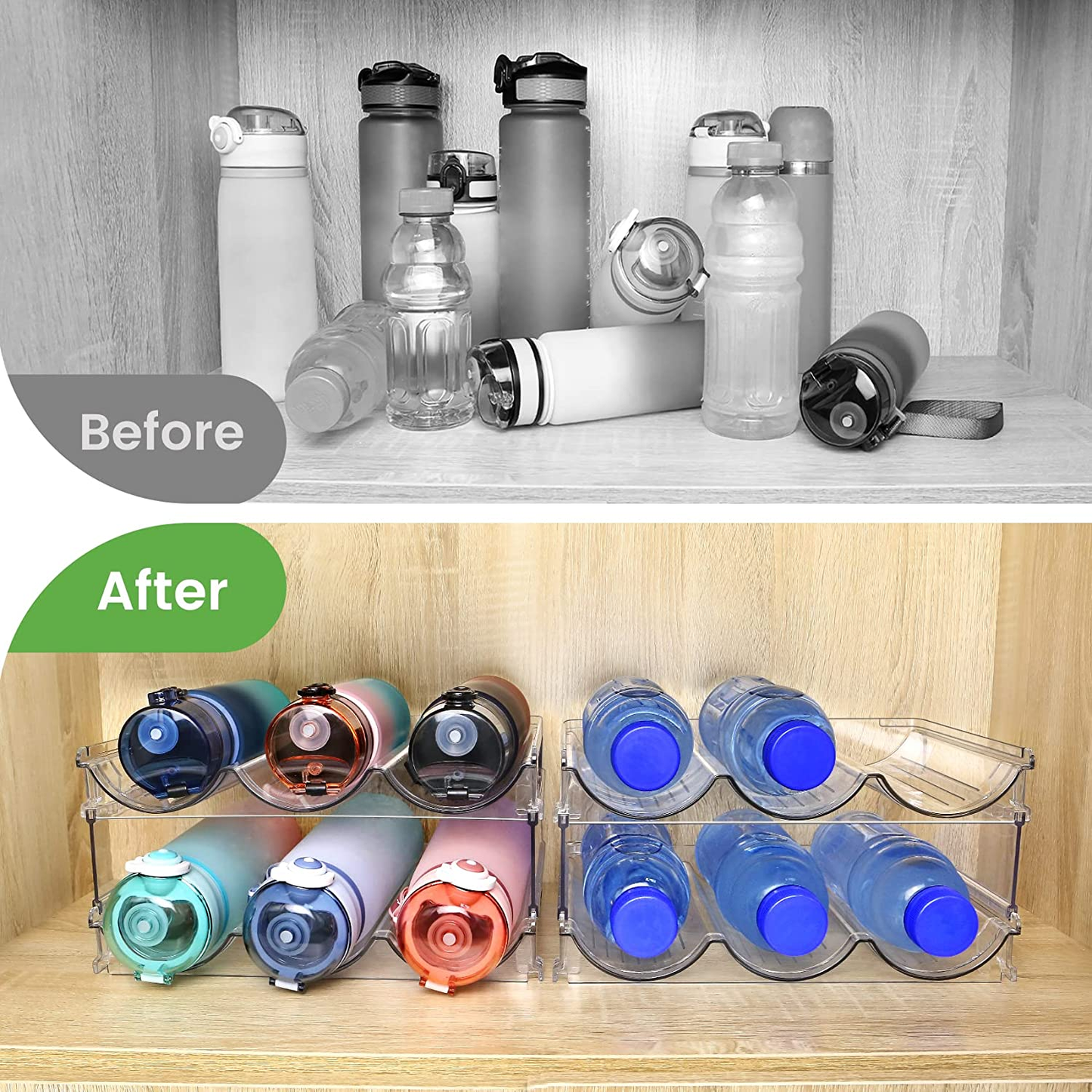 Spospo Cabinet Water Bottle Organizer - 2-Pack Stackable Storage Rack for Efficient Water Bottle Management