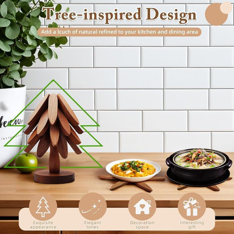 Natural Tree Trivet Set 4 Wooden Trivets & 1 Stand Heat Resistant Foldable Design Durable & High Quality Solid Wood Ideal for Hot Dishes, Pots, Bowls, Teapots Kitchenware & Tableware Coasters