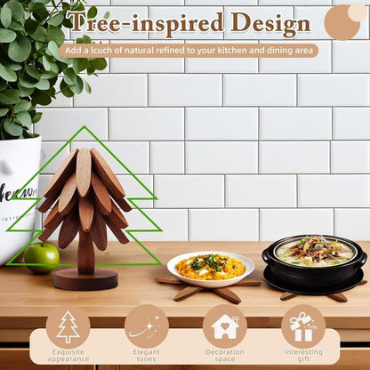 Natural Tree Trivet Set 4 Wooden Trivets & 1 Stand Heat Resistant Foldable Design Durable & High Quality Solid Wood Ideal for Hot Dishes, Pots, Bowls, Teapots Kitchenware & Tableware Coasters
