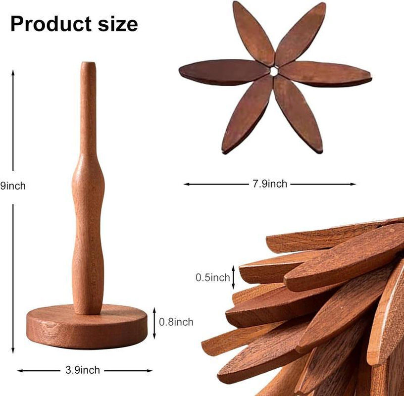 Natural Tree Trivet Set 4 Wooden Trivets & 1 Stand Heat Resistant Foldable Design Durable & High Quality Solid Wood Ideal for Hot Dishes, Pots, Bowls, Teapots Kitchenware & Tableware Coasters