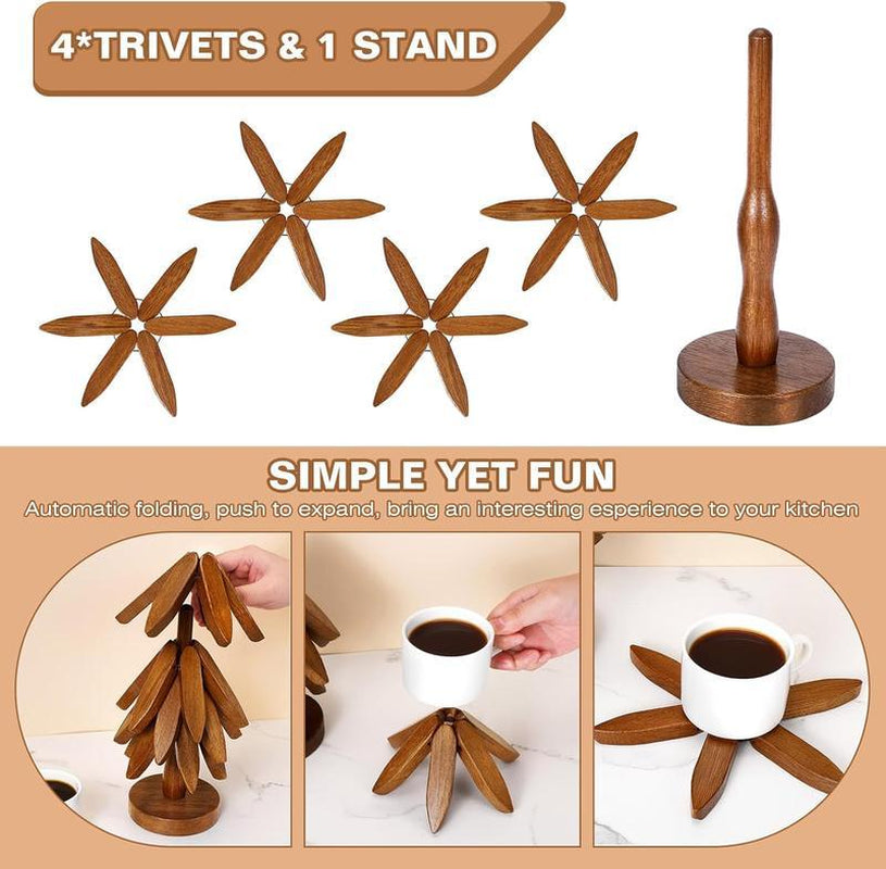 Natural Tree Trivet Set 4 Wooden Trivets & 1 Stand Heat Resistant Foldable Design Durable & High Quality Solid Wood Ideal for Hot Dishes, Pots, Bowls, Teapots Kitchenware & Tableware Coasters